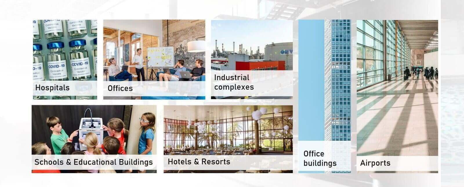 Le soluzioni Smart Building sono adatte per ospedali, uffici, complessi industriali e fabbriche, scuole, hotel e aeroporti.